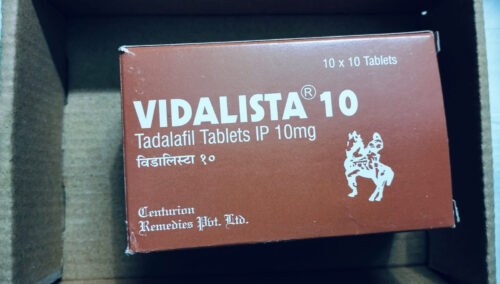 Front of a red Vidalista 10 box: 10 x 10 tablets, Tadalafil tablets IP 10 mg, with a horse rider logo on the right