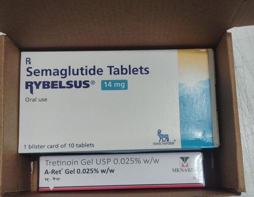 Boxed medicines: Rybelsus Semaglutide Tablets 14 mg for oral use, with Novo Nordisk logo visible