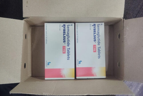 Two boxes of Rybelsus semaglutide tablets (7 mg) sit side by side inside a cardboard shipping box.